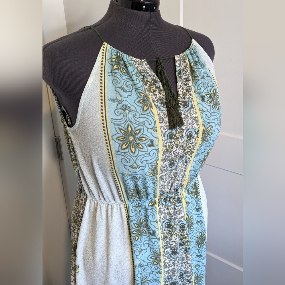 Mi Ami Womens Maxi Dress Plus Size XL Halter Neckline Floral Turquoise Yellow - Picture 2 of 8